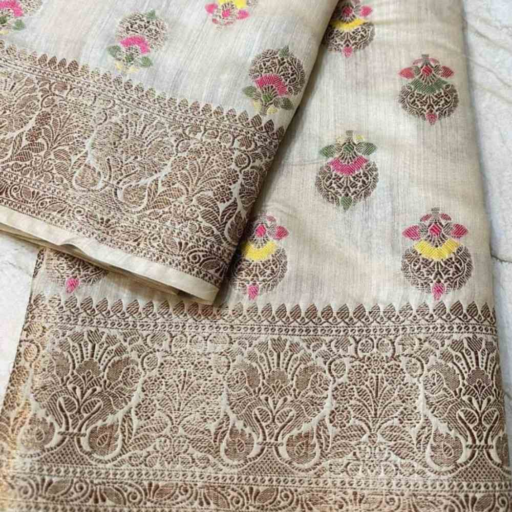 Ivory Elegance: White Munga Banarasi Silk Saree